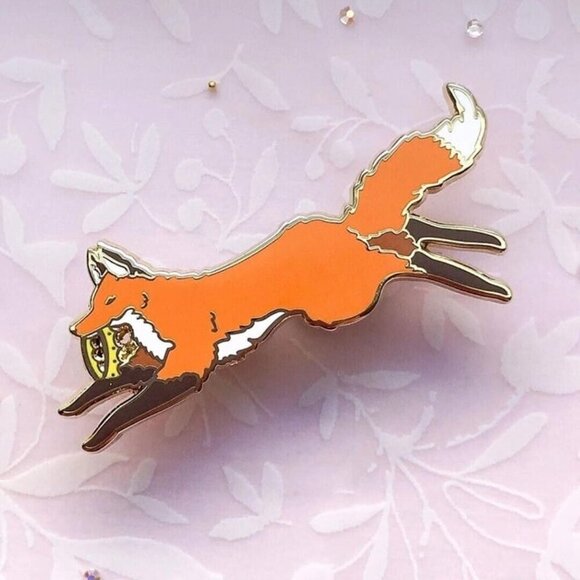Alum and Ink Jewelry - Red Fox Usurper Enamel Pin - Gold Plated Jewelry - Wildlife  & Crown‎ Brooch